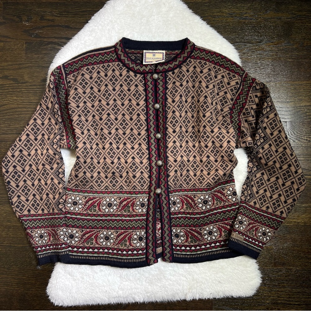 Dale of Norway Beige, Navy & Burgundy Patterned Wool Cardigan